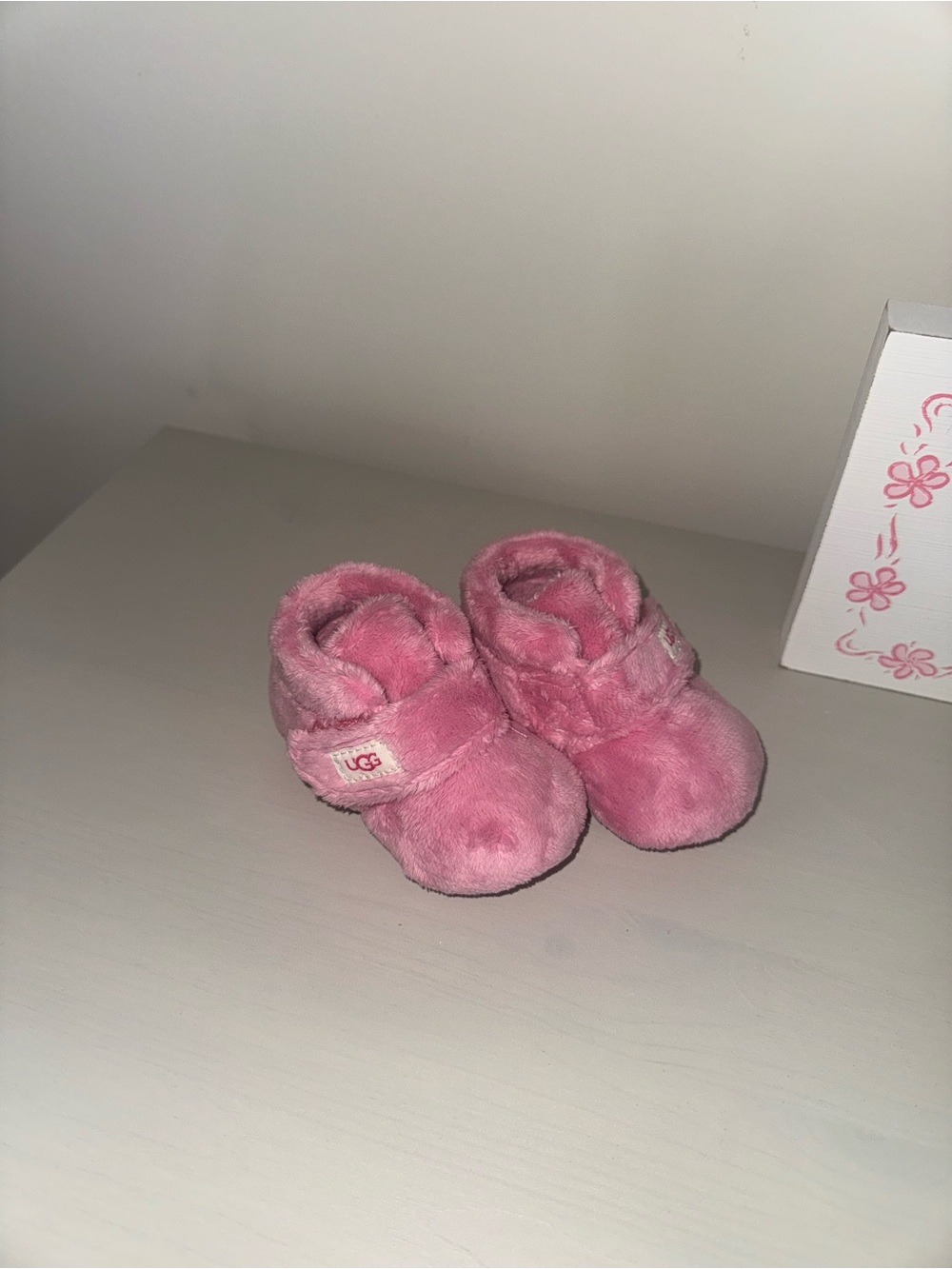 UGG Pink Plush Baby Booties with Hook-and-Loop Strap